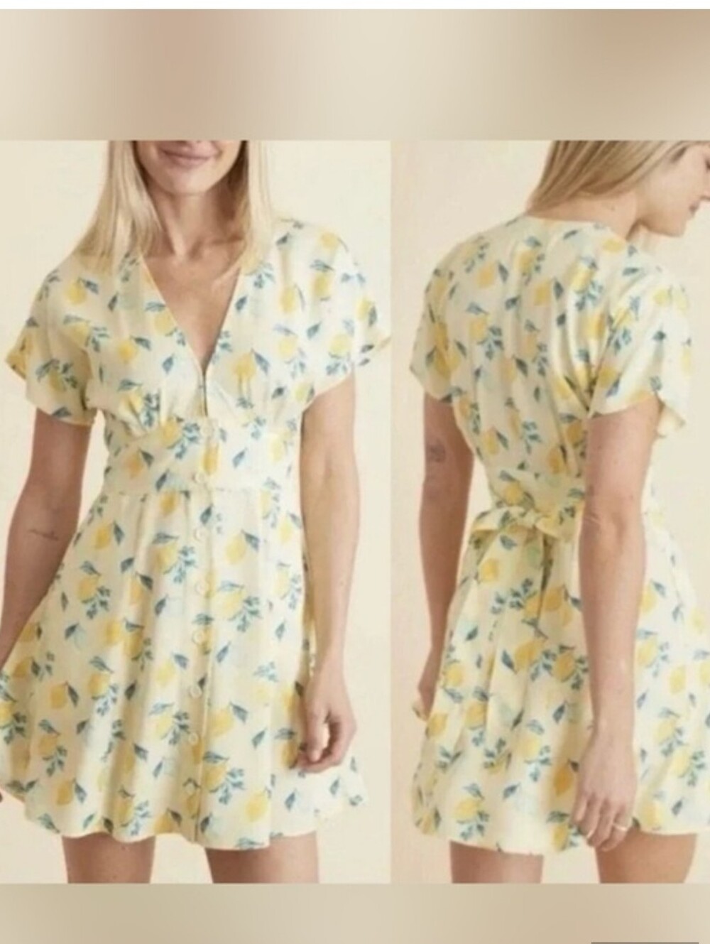 Marine Layer Lemon Print V-Neck Mini Dress - Yellow & Blue Size L  NWOT